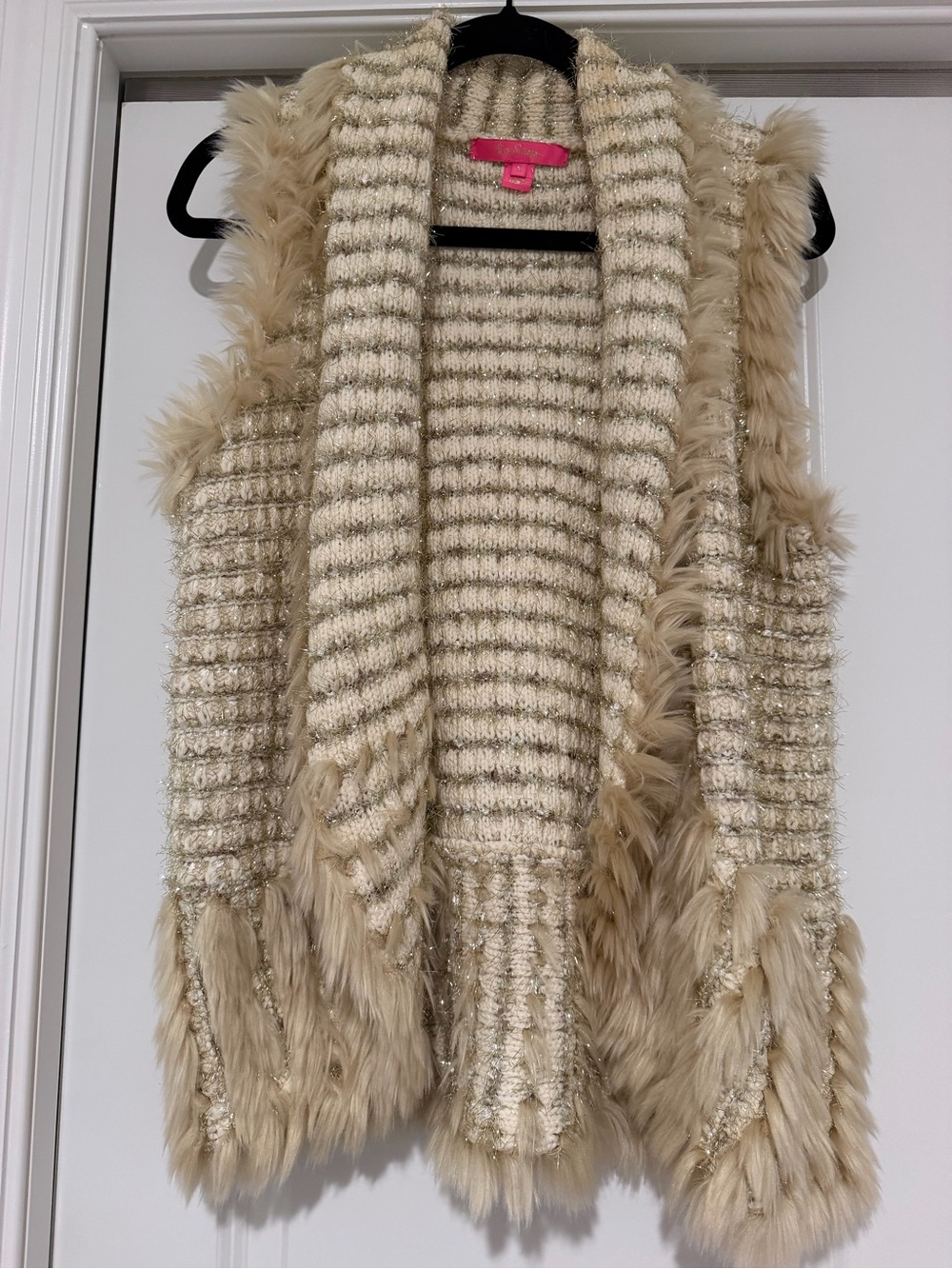 Lilly Pulitzer Cream Knit Faux-Fur Trim Open Cardigan Vest